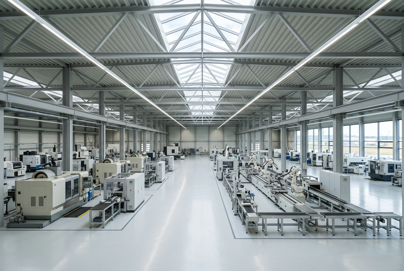 Produktionshalle mit einem Raster aus LED-Lichtbändern