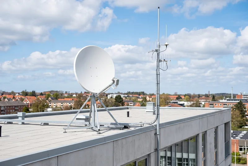Satellitenschüssel und Antennenmast auf einem Dach