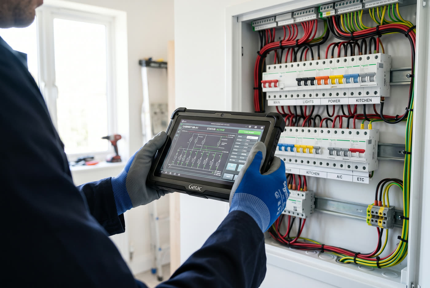 Elektroniker mit Industrietablet vor einer geöffneten Verteilung