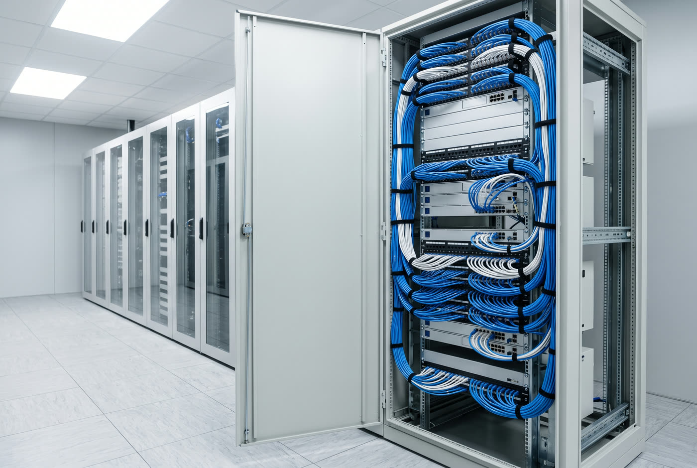 Glasfaser-Patchfeld mit sauber gelegten Lichtwellenleitern in einem Serverschrank