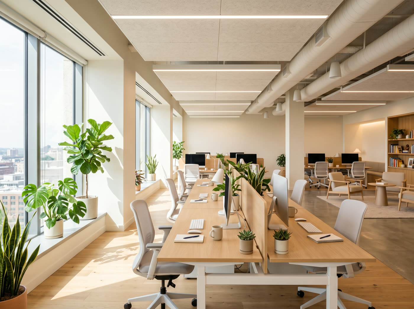 Modernes Großraumbüro mit durchgehenden Lichtlinien in der Decke