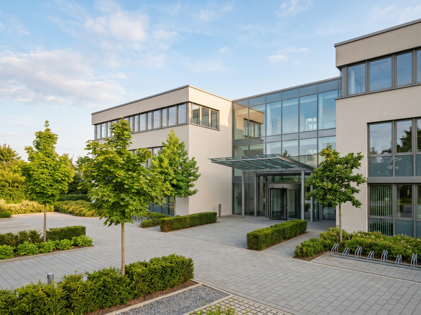 Gewerbegebäude mit beleuchtetem Eingangsbereich