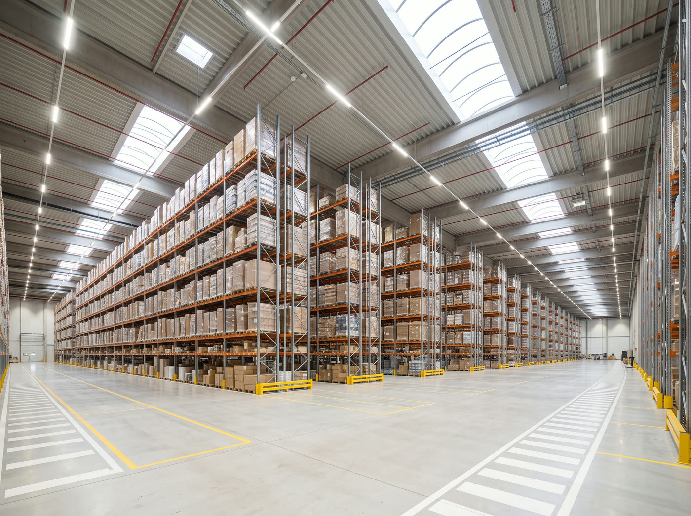 Logistikhalle mit Hochregalen und gleichmäßigem Hallenlicht